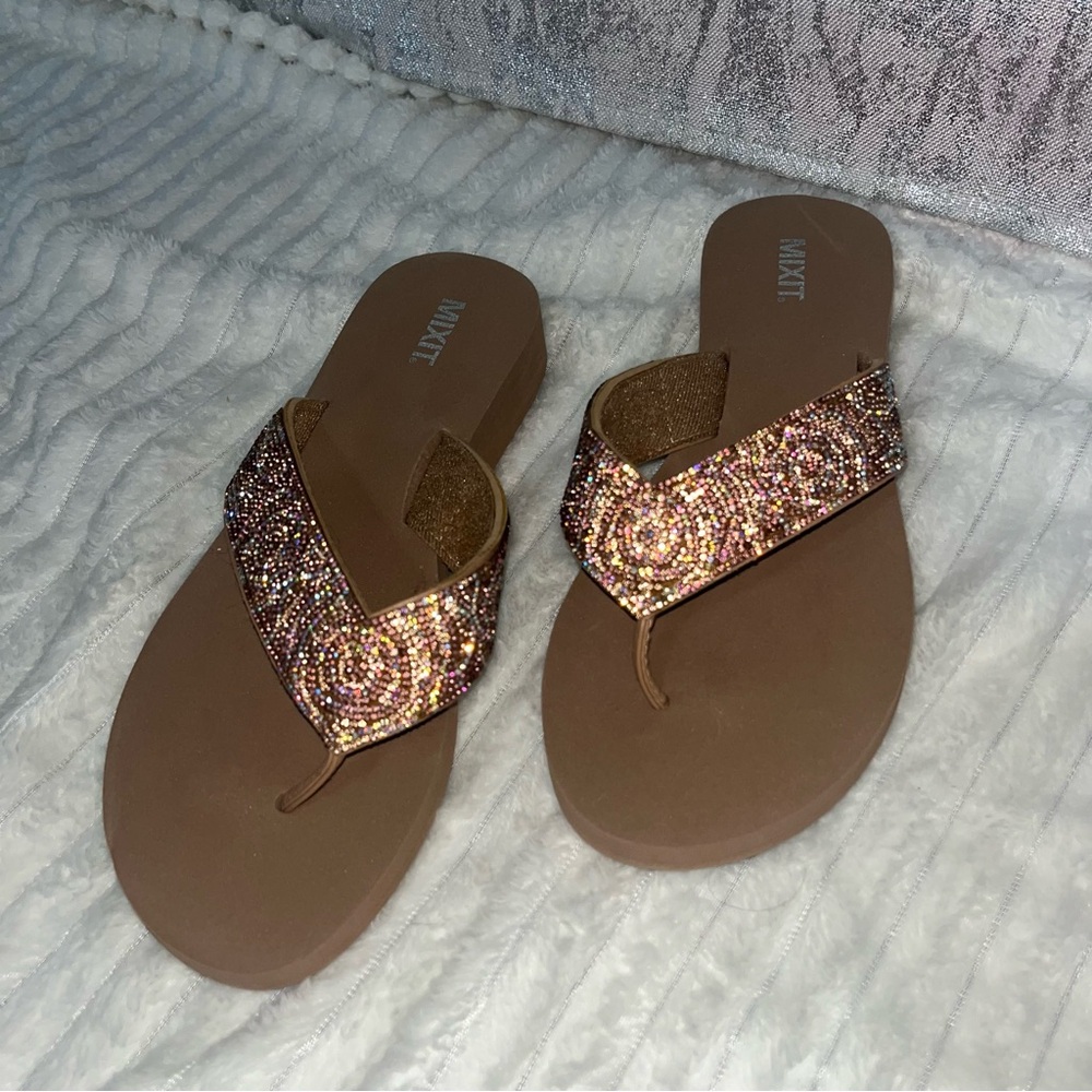 Women's Brown and Gold Crystal Platform Sandals